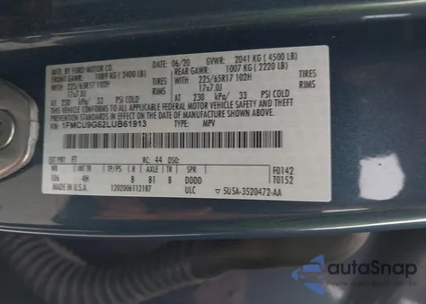 2020 Ford Escape Se z USA, uszkodzony, nr VIN 1FMCU9G62LUB61913